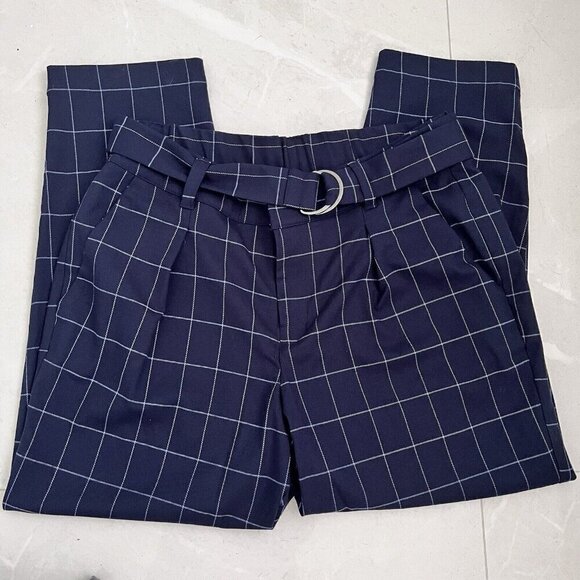 A New Day plaid Pants High Rise Tapered Ankle Size 14 Navy Blue Belted NEW - Picture 1 of 10